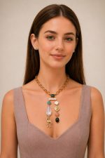 Multicolor gemstone beaded statement necklace with amber beads, asymmetrical pendant, gold-tone charms, and decorative drop design on neutral background