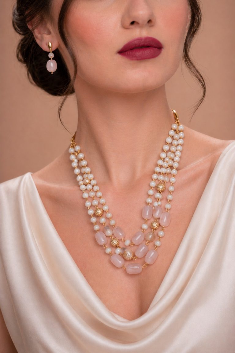 Model wearing a multi-layered gold-toned necklace featuring white pearls and blush pink oval beads, paired with matching drop earrings against a neutral background.