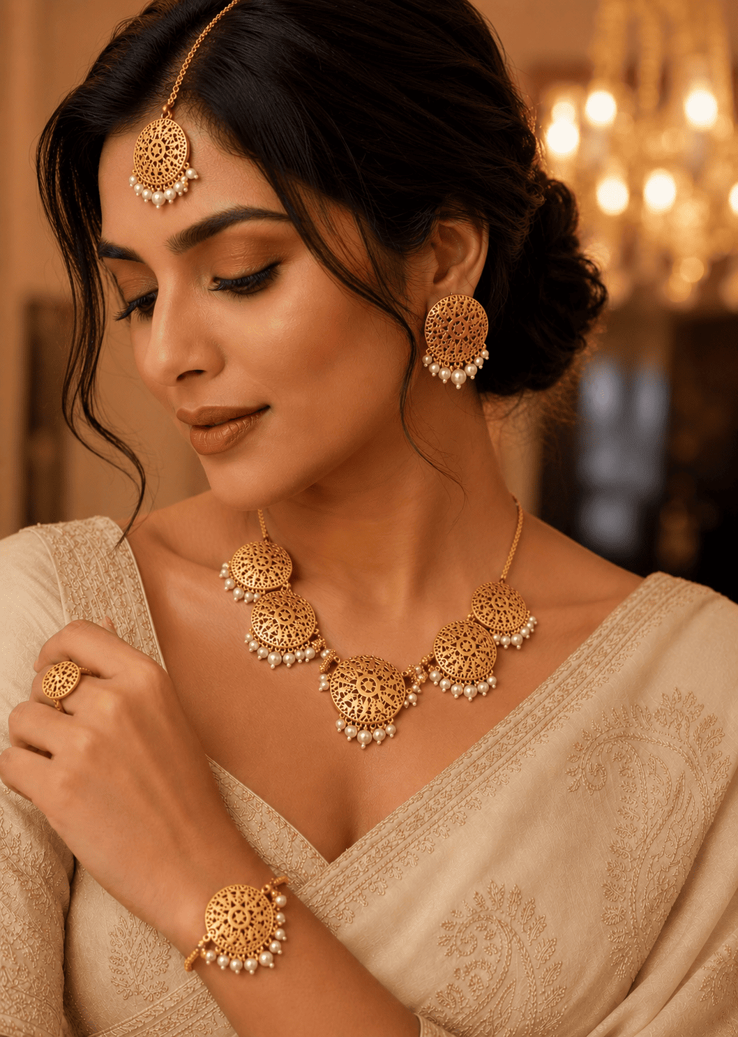 Elegant Indian woman wearing a handcrafted gold filigree jewellery set featuring a statement necklace, matching earrings, maang tikka, ring, and bracelet with pearl detailing, styled with a beige embroidered saree in warm luxury lighting.