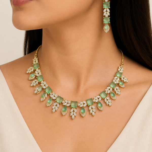 Emerald Green & Gold Leaf Crystal Necklace Set