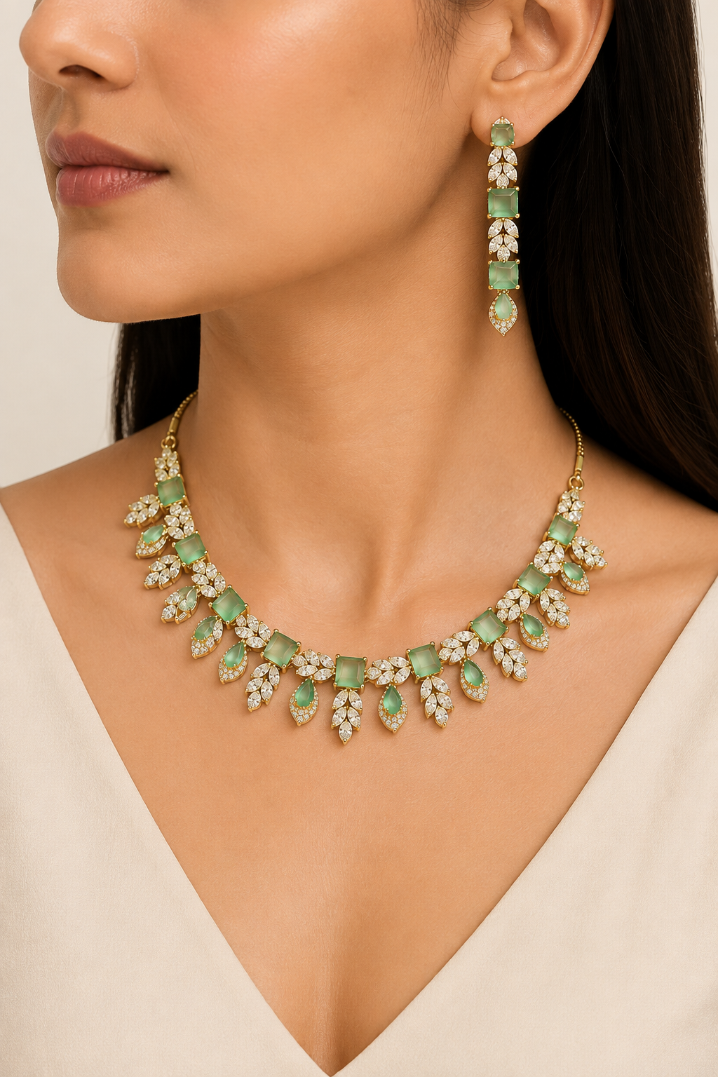ChatGPT Image Aug 16, 2026, 11_11_13 PM Emerald Green & Gold Leaf Crystal Necklace Set - Image 1