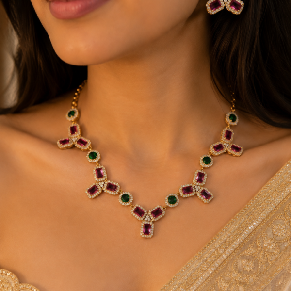Emerald & Ruby Heritage Gold-Plated Necklace & Earring Set
