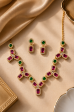Emerald & Ruby Heritage Gold-Plated Necklace & Earring Set - Image 3