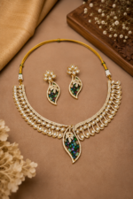 Multicolour Moissanite and Ad Gold Tone Leaf Statement Necklace Set - Image 2
