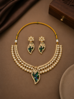Multicolour Moissanite and Ad Gold Tone Leaf Statement Necklace Set - Image 4