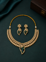Multicolour Moissanite and Ad Gold Tone Leaf Statement Necklace Set - Image 3