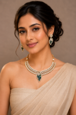 Multicolour Moissanite and Ad Gold Tone Leaf Statement Necklace Set - Image 7