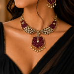 Royal Wine Moissanite Kundan Choker Necklace Set with Pearl Drops