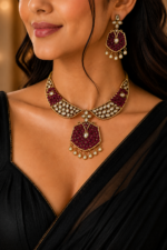 Royal Wine Moissanite Kundan Choker Necklace Set with Pearl Drops