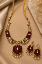 Royal Wine Moissanite Kundan Choker Necklace Set with Pearl Drops - Image 5