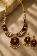 Royal Wine Moissanite Kundan Choker Necklace Set with Pearl Drops - Image 4