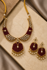 Royal Wine Moissanite Kundan Choker Necklace Set with Pearl Drops - Image 3