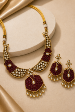 Royal Wine Moissanite Kundan Choker Necklace Set with Pearl Drops - Image 2