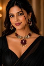 Royal Wine Moissanite Kundan Choker Necklace Set with Pearl Drops - Image 7
