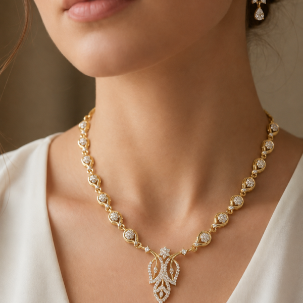 Golden Leaf Diamond Pendant Necklace Set