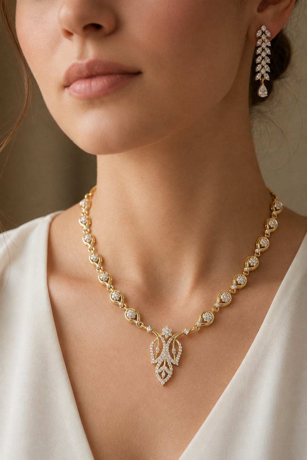 ChatGPT Image Aug 4, 2026, 09_13_55 PM Golden Leaf Diamond Pendant Necklace Set - Image 1