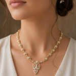 Golden Leaf Diamond Pendant Necklace Set