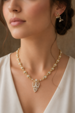 Golden Leaf Diamond Pendant Necklace Set - Image 6