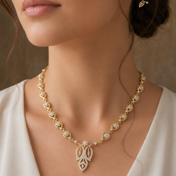 Golden Leaf Diamond Pendant Necklace Set