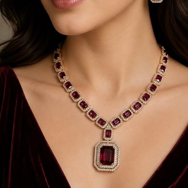 Ruby Red Emerald-Cut Necklace & Earring Set