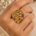 Antique Gold Floral Adjustable  Statement Ring with Multicolor Stones