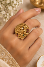 Antique Gold Floral Adjustable  Statement Ring with Multicolor Stones