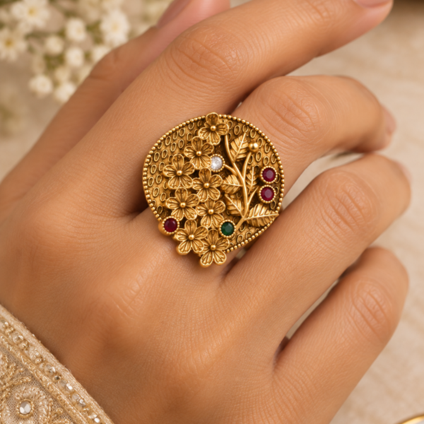 Antique Gold Floral Adjustable  Statement Ring with Multicolor Stones