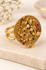Antique Gold Floral Adjustable  Statement Ring with Multicolor Stones - Image 2