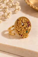 Antique Gold Floral Adjustable  Statement Ring with Multicolor Stones - Image 3