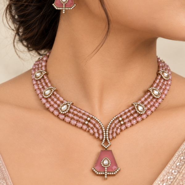 Nyveera Petal Eclat Blush Pink Beaded Kundan Statement Necklace Set