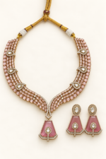 Nyveera Petal Eclat Blush Pink Beaded Kundan Statement Necklace Set - Image 2