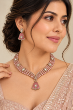 Nyveera Petal Eclat Blush Pink Beaded Kundan Statement Necklace Set - Image 4
