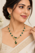 Nyveera Petal Eclat Deep Green  CZ Floral Teardrop Statement Necklace Set - Image 4