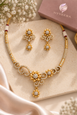 Nyveera Petal Eclat Gold-Tone Floral CZ Statement Necklace Set - Image 3