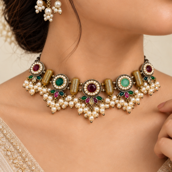 Nyveera Rajsi Multicolor German Silver Pearl Statement Necklace Set
