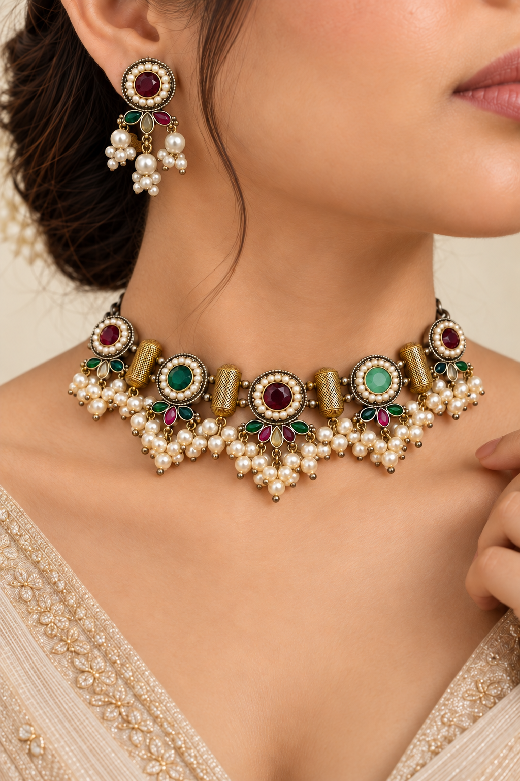 Nyveera Rajsi Multicolor German Silver Pearl Statement Necklace Set 1 NV826072 Nyveera Rajsi Multicolor German Silver Pearl Statement Necklace Set - Image 1