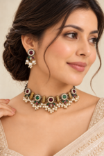 Nyveera Rajsi Multicolor German Silver Pearl Statement Necklace Set - Image 4