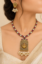 Nyveera Rajsi Peacock Motif German Silver Necklace Set with Pearl Drops