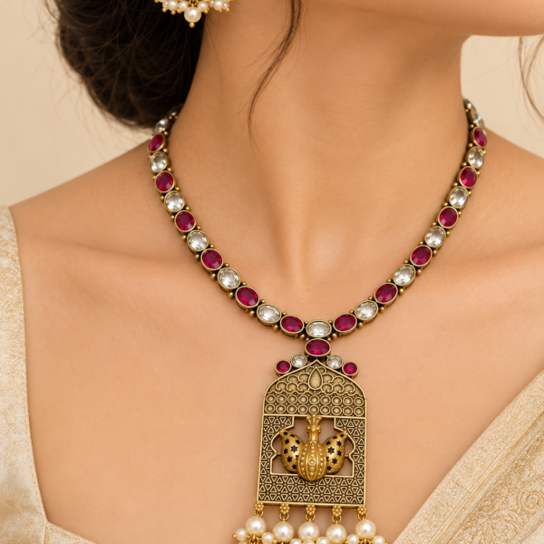 Nyveera Rajsi Peacock Motif German Silver Necklace Set with Pearl Drops