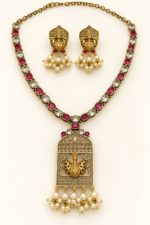 Nyveera Rajsi Peacock Motif German Silver Necklace Set with Pearl Drops - Image 3