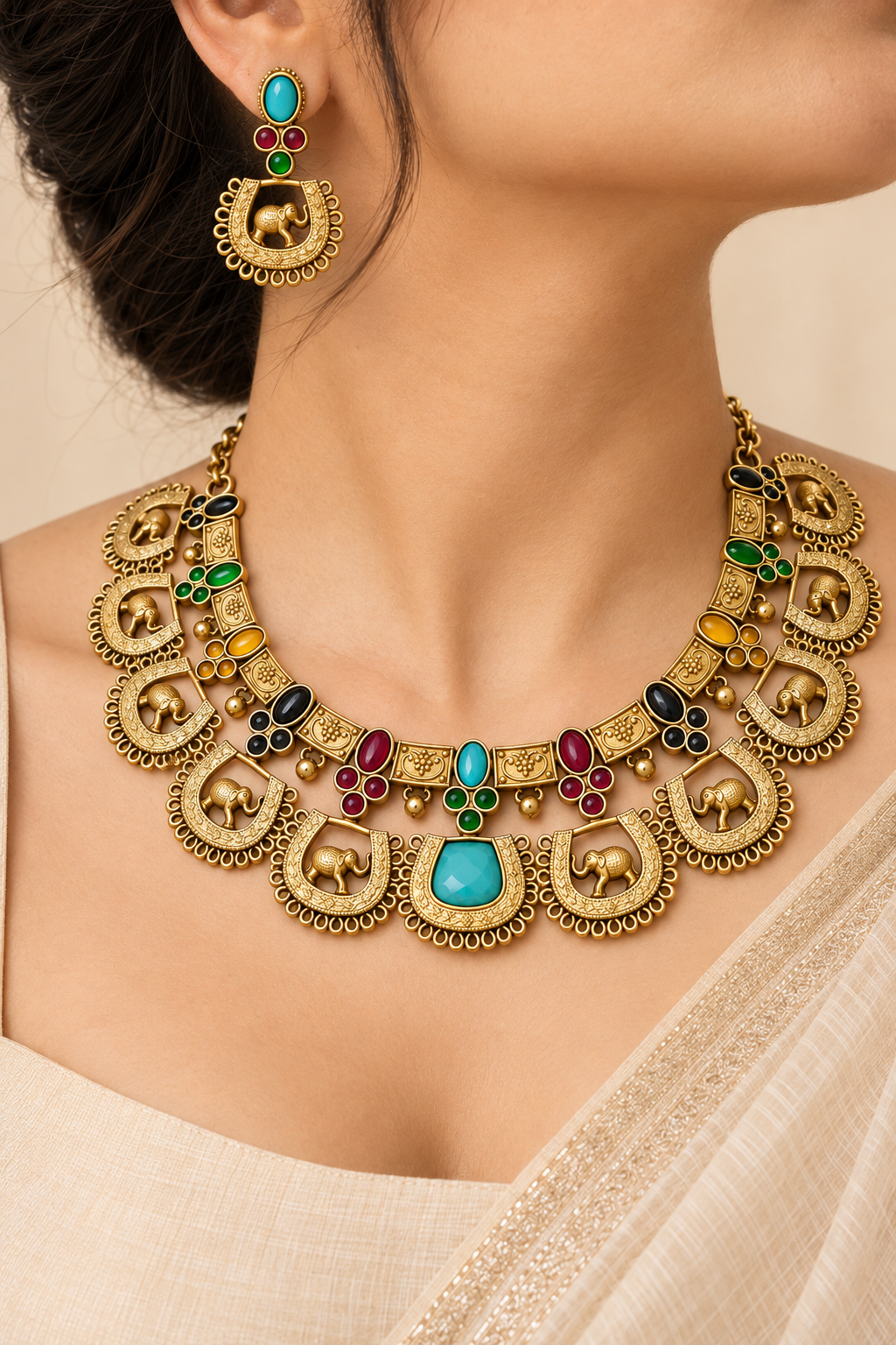 Nyveera Rajsi Kundan-Inspired Elephant Motif Heritage Necklace Set - Image 5