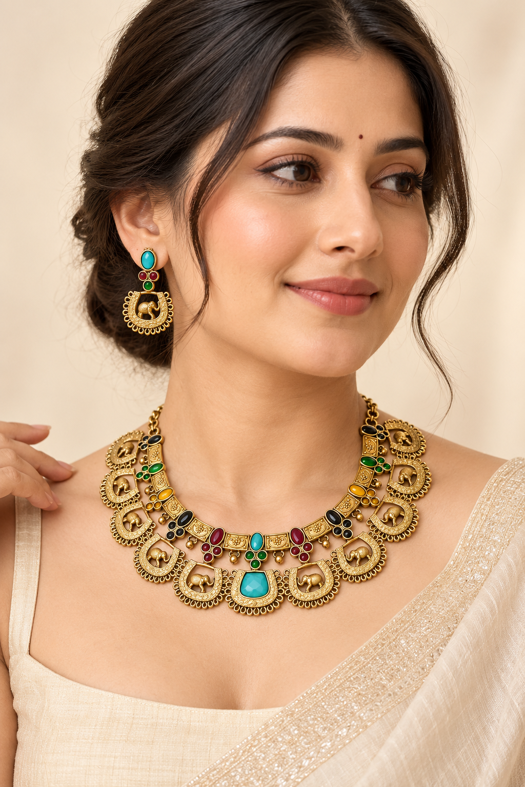 Nyveera Rajsi Kundan-Inspired Elephant Motif Heritage Necklace Set - Image 2