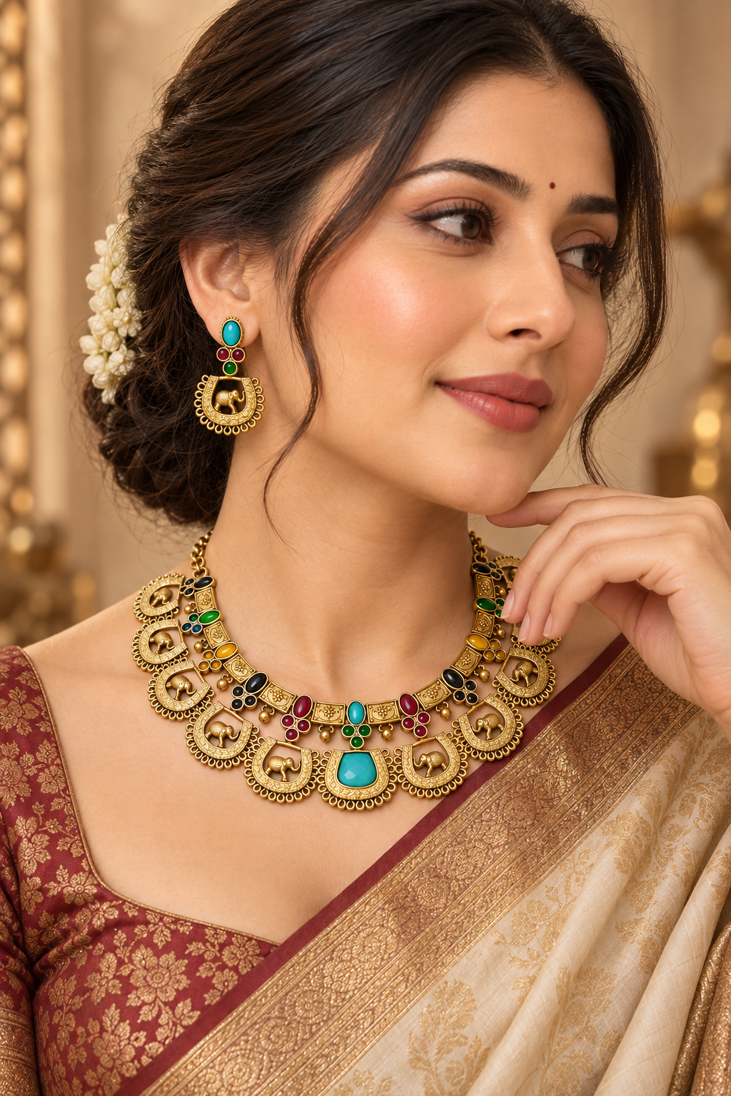 Nyveera Rajsi Kundan-Inspired Elephant Motif Heritage Necklace Set - Image 11