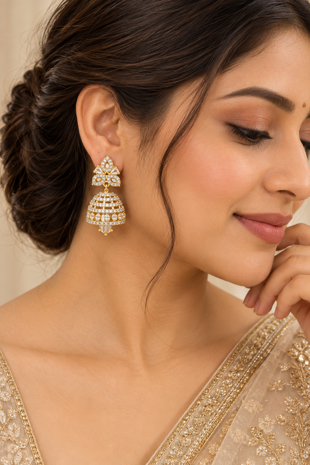 Nyveera Vanya Gold Tone CZ Jhumka Earrings 3 NV226072(A) Nyveera Vanya Gold & Silver Tone CZ Jhumka Earrings - Image 1