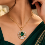 Nyveera Petal Eclat Emerald Green CZ Halo Necklace & Earrings Set