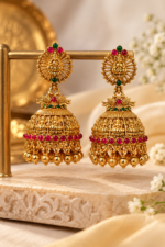 Nyveera Rajsi Lakshmi Temple Ruby Red & Emerald Green Jhumka Earrings - Image 2