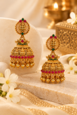 Nyveera Rajsi Lakshmi Temple Ruby Red & Emerald Green Jhumka Earrings - Image 3