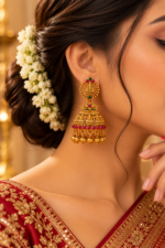 Nyveera Rajsi Lakshmi Temple Ruby Red & Emerald Green Jhumka Earrings