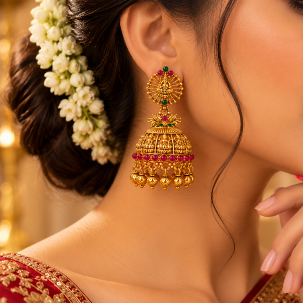 Nyveera Rajsi Lakshmi Temple Ruby Red & Emerald Green Jhumka Earrings