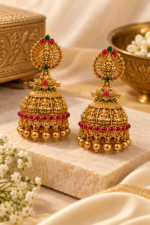 Nyveera Rajsi Lakshmi Temple Ruby Red & Emerald Green Jhumka Earrings - Image 6